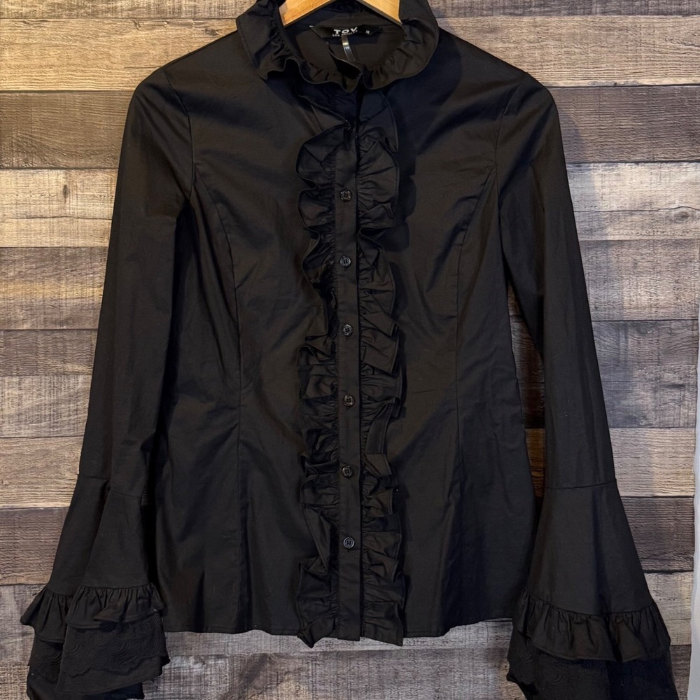 TOV Los Angeles Black Ruffle Bell Sleeve Button Up Blouse 38 Goth Whimsigoth